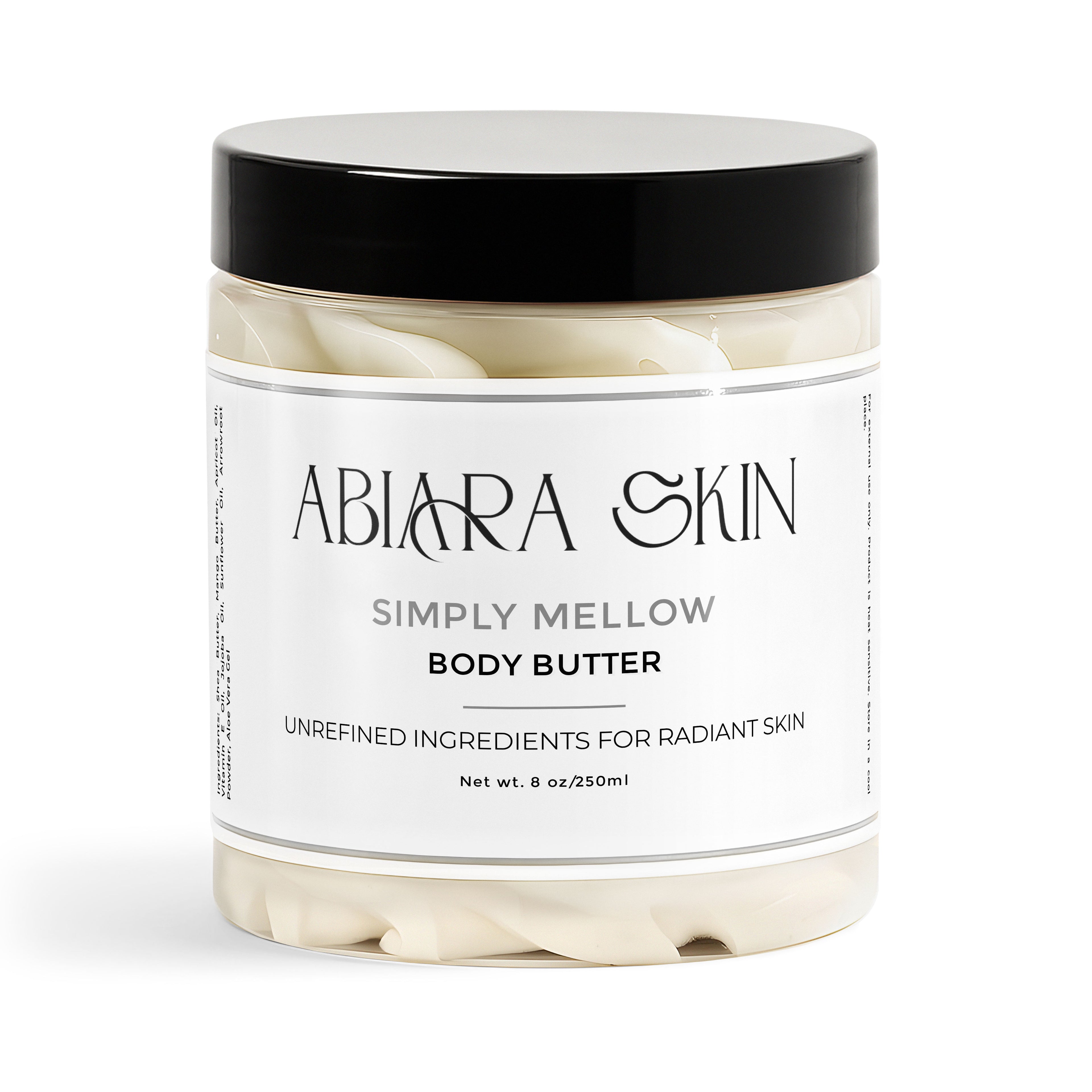 Jar of Abiara Skin Simply Mellow Body Butter on a white background